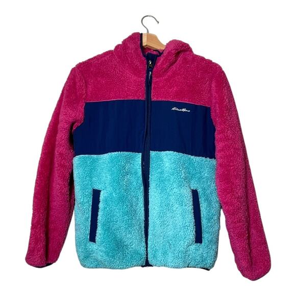 Eddie Bauer Girls Jacket Fuzzy Fleece ColorBlock Sz 14/16 Large Pink Blue Hood - Picture 2 of 7